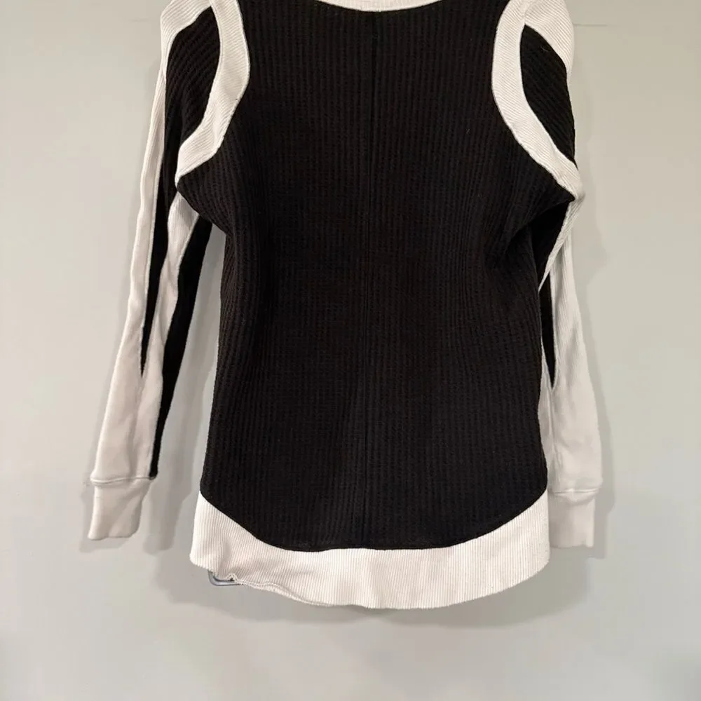 Free People One Small Black Waffle Cotton Henley Thermal RawEdge Top